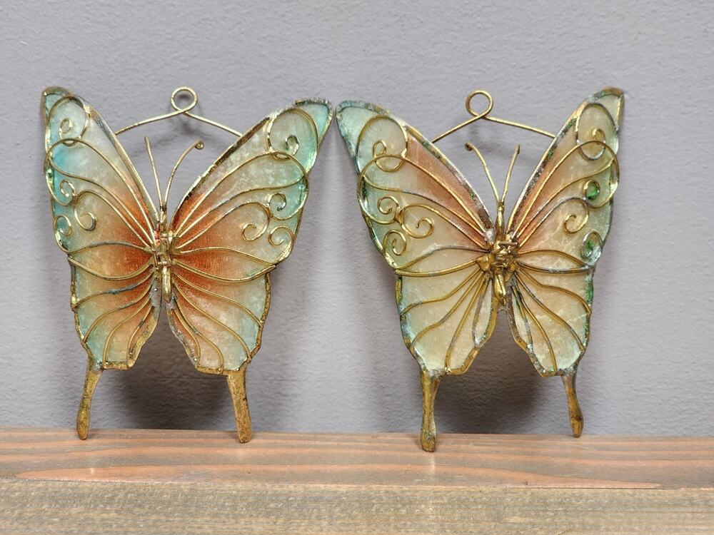 Capiz Shell Metal Colorful Gold Butterfly Wall Decor 3.5" Set Of 2
